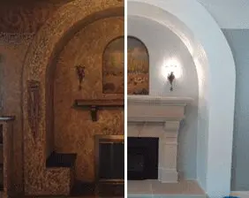 Brunswick cast stone fireplace mantel transformation: customer's before and after photo.