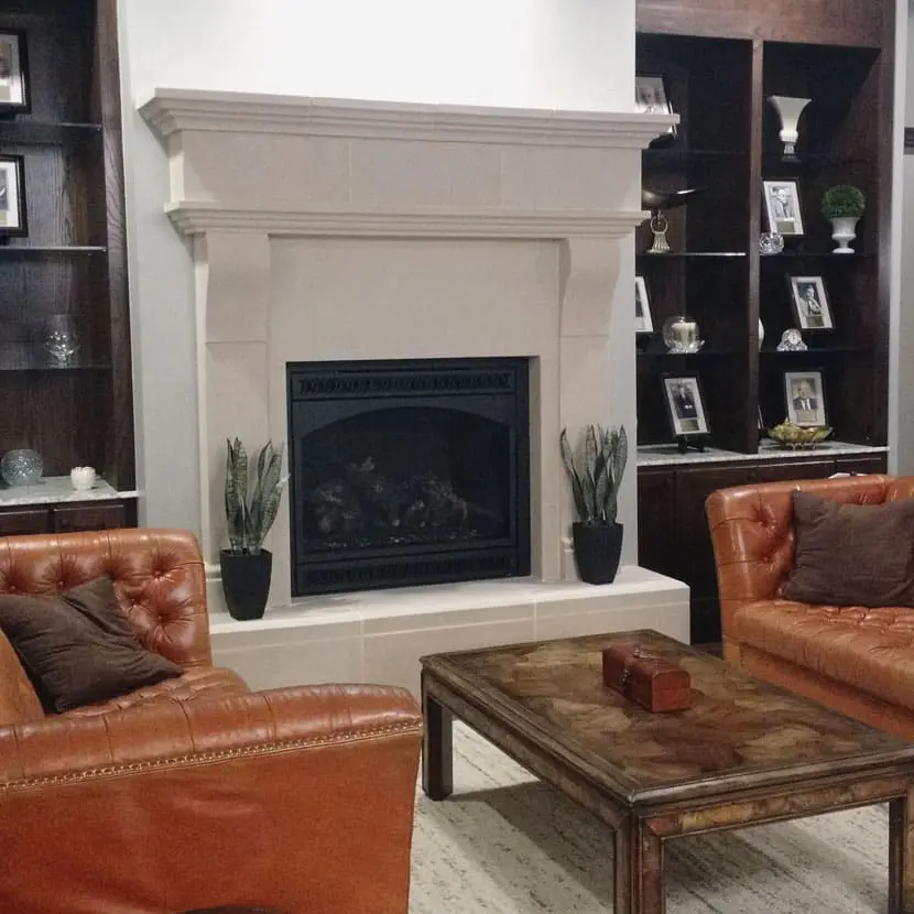 Cambridge cast stone fireplace mantel view
