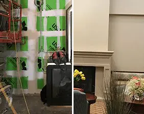 Custom Devon cast stone fireplace mantel transformation: before and after in living room.