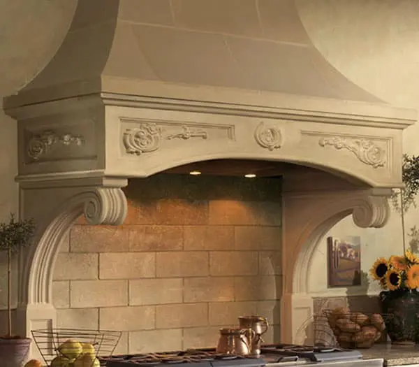 Florentine cast stone range hood design
