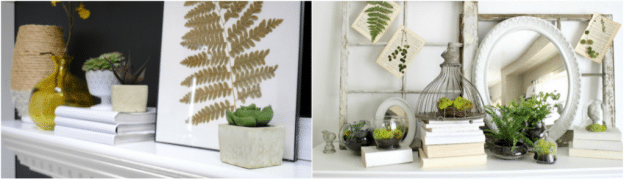 Springtime mantel decor with cast stone fireplace