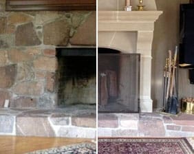 Amhurst cast stone fireplace mantel transformation: customer's before and after photo.