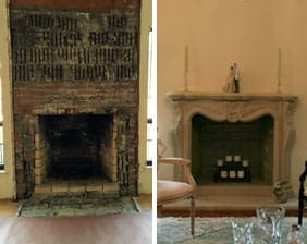 Before and after of a cast stone fireplace installation.