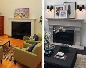 Cambridge cast stone fireplace mantel transformation: before and after in living room.
