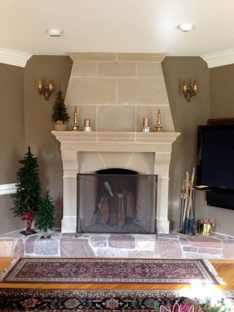 Amhurst cast stone fireplace mantel installation