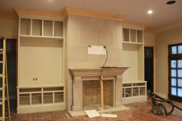 Cast stone fireplace mantel before installation