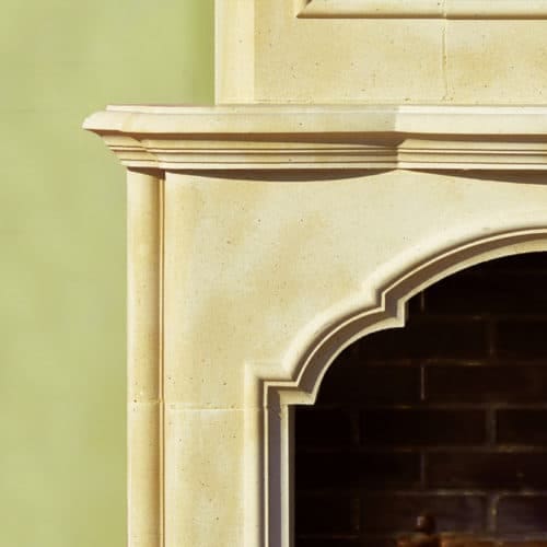 Avondale cast stone fireplace mantel upper left corner detail