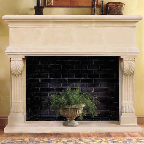 Berkley cast stone fireplace mantel design detail.