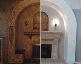 Brunswick cast stone fireplace mantel transformation: customer's before and after photo.