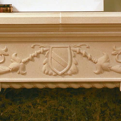 Carved Brentwood cast stone fireplace mantel - center detail
