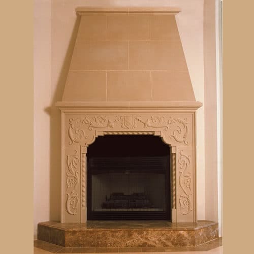 Carved Brentwood cast stone fireplace mantel with overmantel.