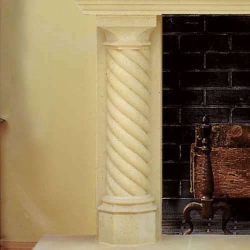 Cordova-A cast stone fireplace mantel leg detail.