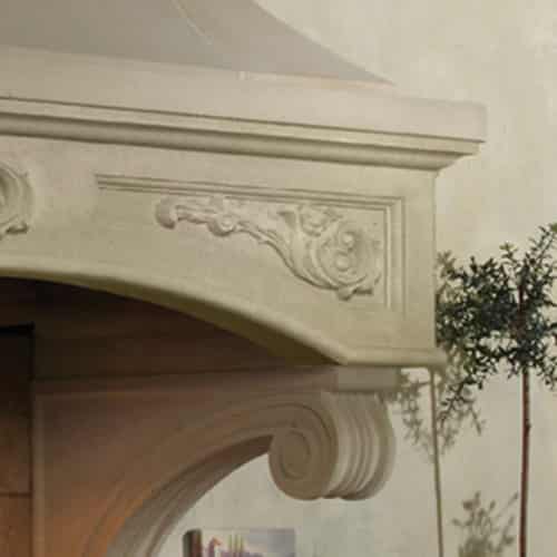 Florentine cast stone fireplace mantel right angle upper corner design