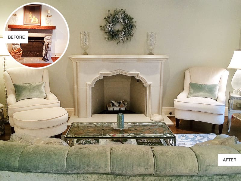 Before and After: Avalon fireplace surround, by Old World Stoneworks used beautifully by Kathy Banak from Authentic Home