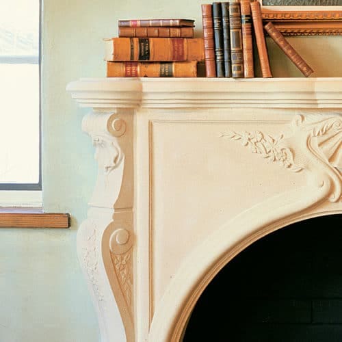 Cast stone fireplace mantel corner design in Taunton style