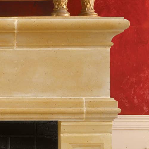 Windsor cast stone fireplace mantel right upper corner detail.